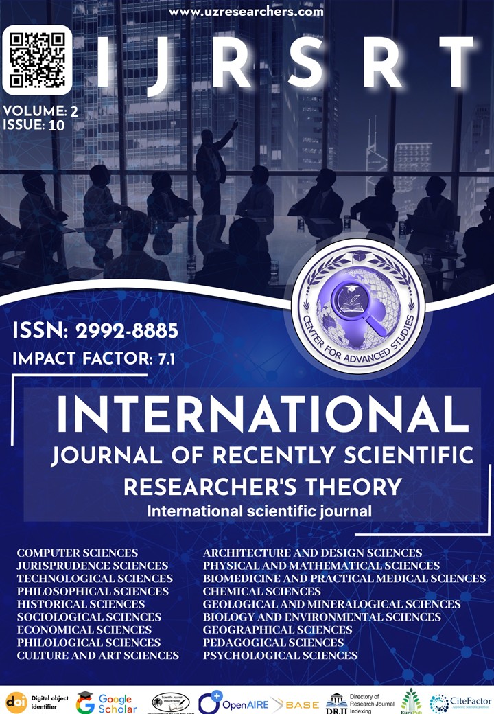 					View Vol. 2 No. 10 (2024): INTERNATIONAL JOURNAL OF RECENTLY SCIENTIFIC RESEARCHER'S THEORY
				